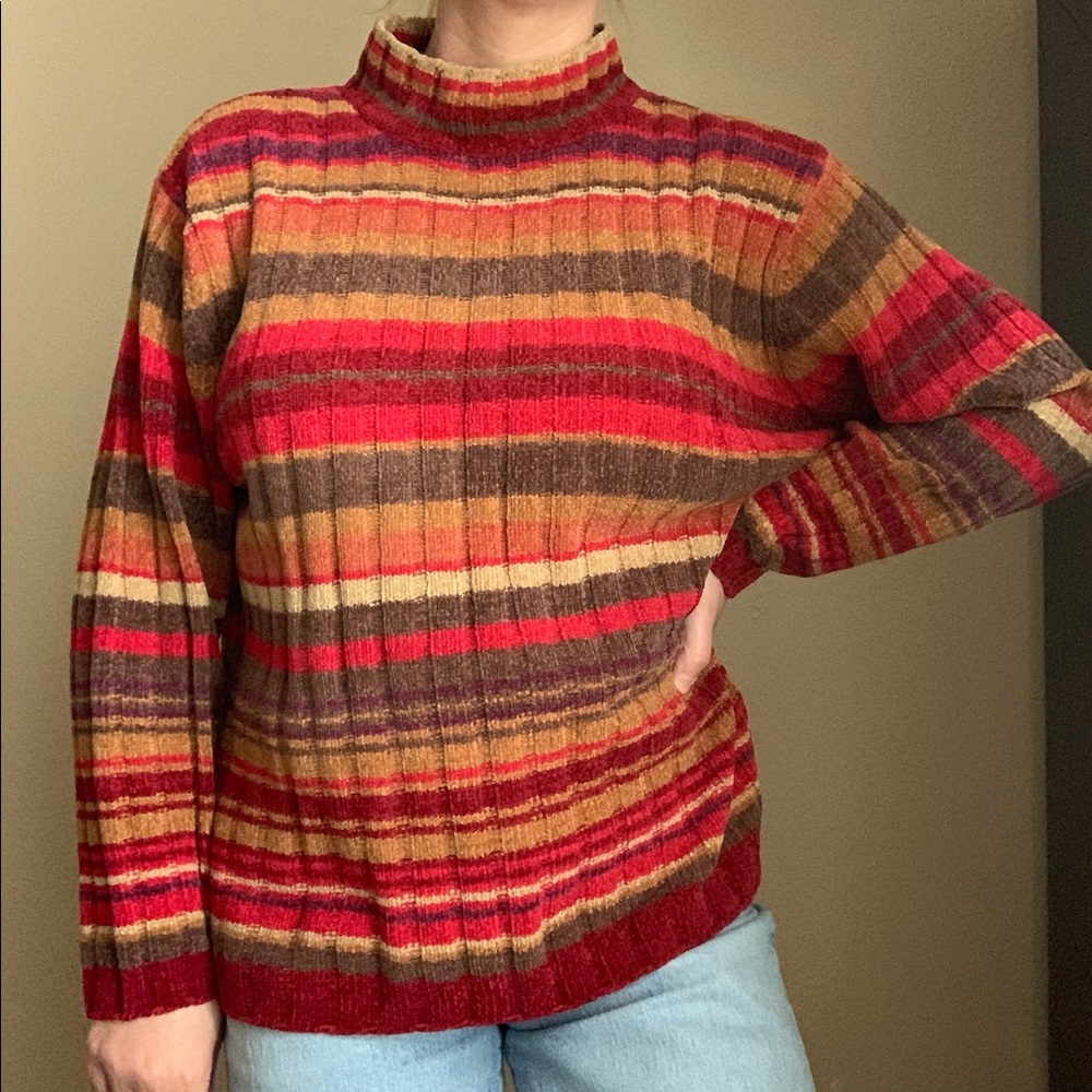 VINTAGE Ribbed Red & Tan Striped Sweater - Picture 2 of 6